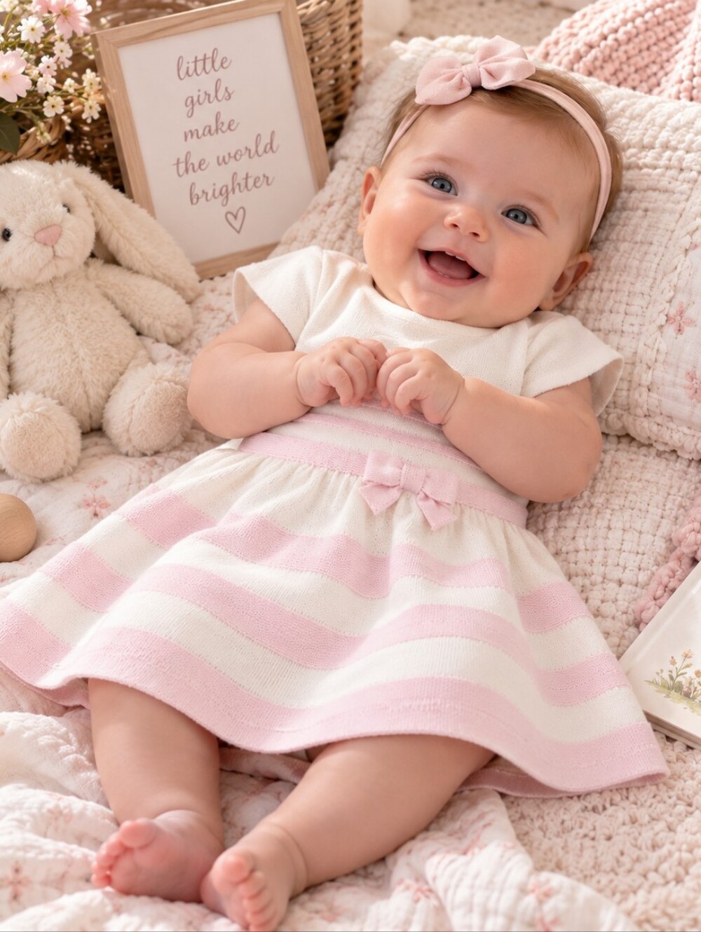 Janie and Jack Pink Ivory Knit Bow Dress 3-6M